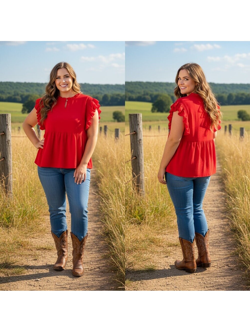 1971 - Jodifl Red Ruffle Sleeve Plus Size Blouse 3X